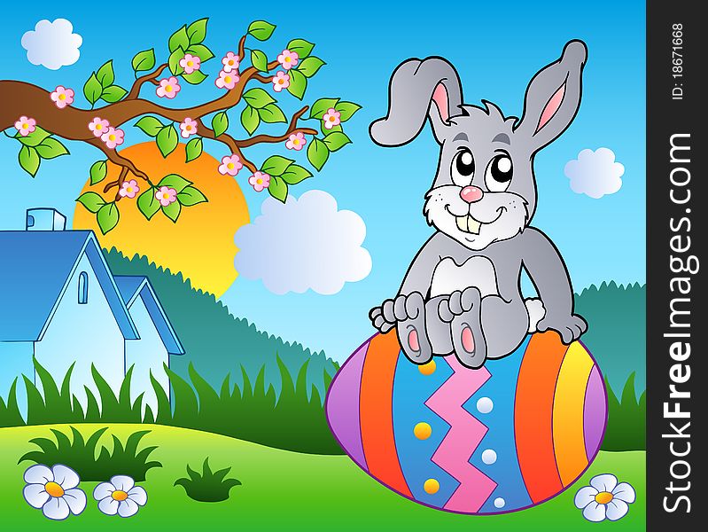 Meadow with bunny on Easter egg - illustration.