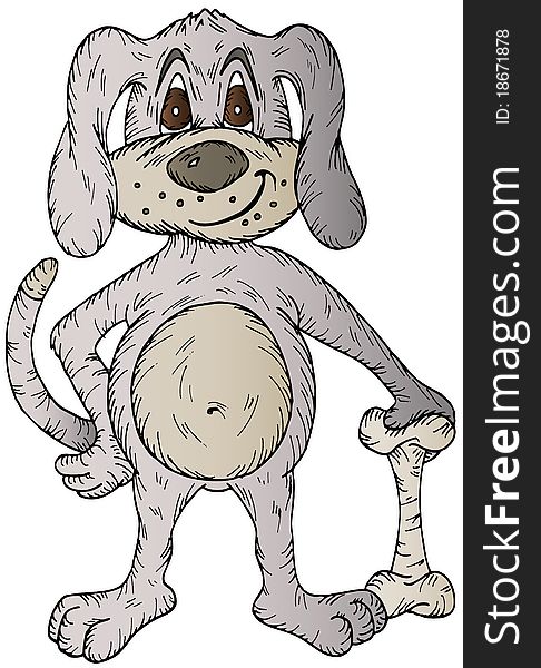 Hand drawn illustration of a cartoon dog and bone