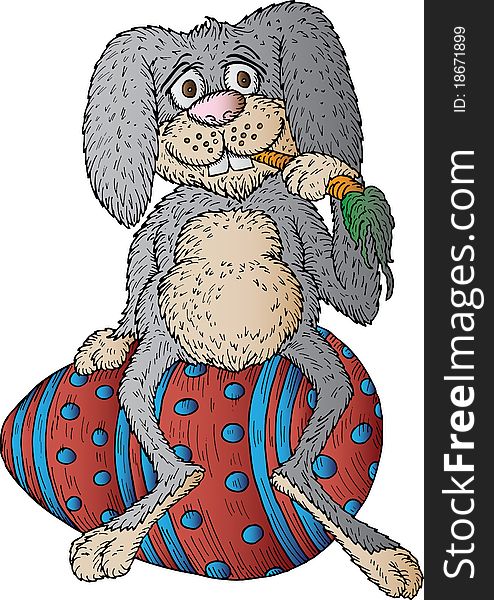 Hand drawn illustration of an easter bunny sitting on an easter egg