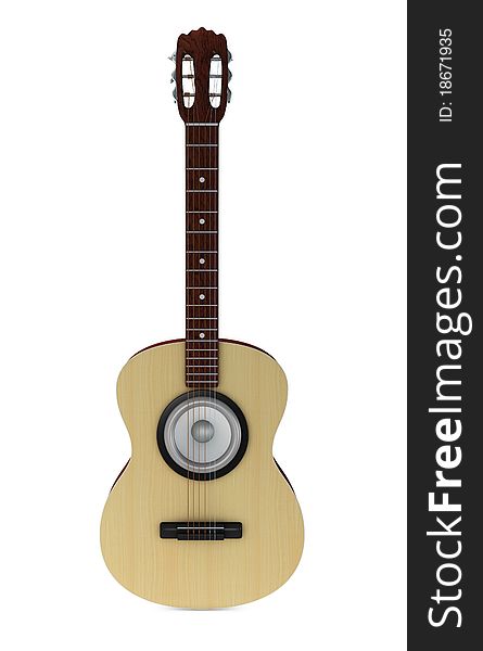 One 3d render of a classic guitar with a speaker in the sound hole. One 3d render of a classic guitar with a speaker in the sound hole