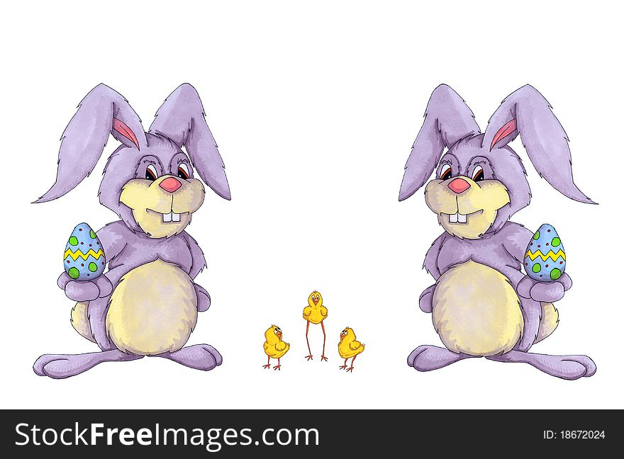 Hand drawn illustration of easter bunnies and easter chicks