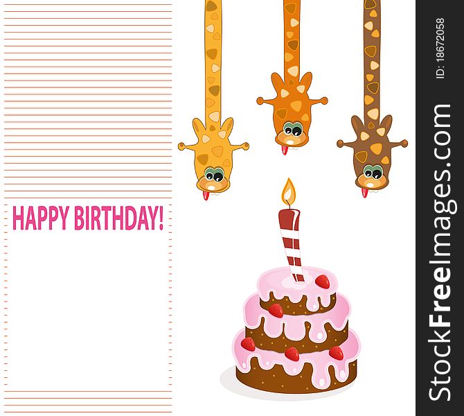 Greeting card with three giraffes and a cake. Greeting card with three giraffes and a cake