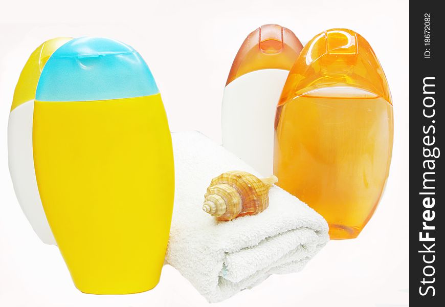Bottles of shampoo and shower gel. Bottles of shampoo and shower gel