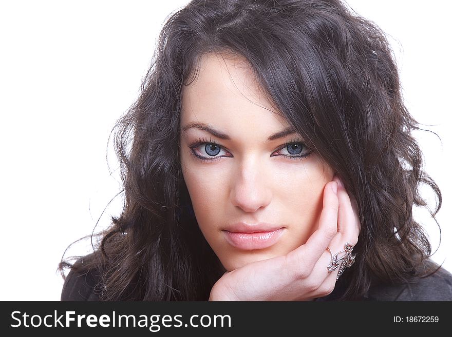 Black hair young caucasian woman portrait, studio shot, isolated. Black hair young caucasian woman portrait, studio shot, isolated