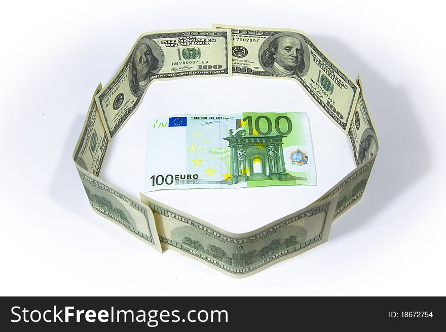 Euro in the circle of money U.S. dollar bills for $ 100 on a white background. Euro in the circle of money U.S. dollar bills for $ 100 on a white background