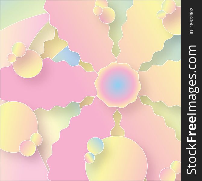 Abstract illustration with daisy shapes, circles, and curves in pastel shades of yellow, green, blue, and pink. Abstract illustration with daisy shapes, circles, and curves in pastel shades of yellow, green, blue, and pink