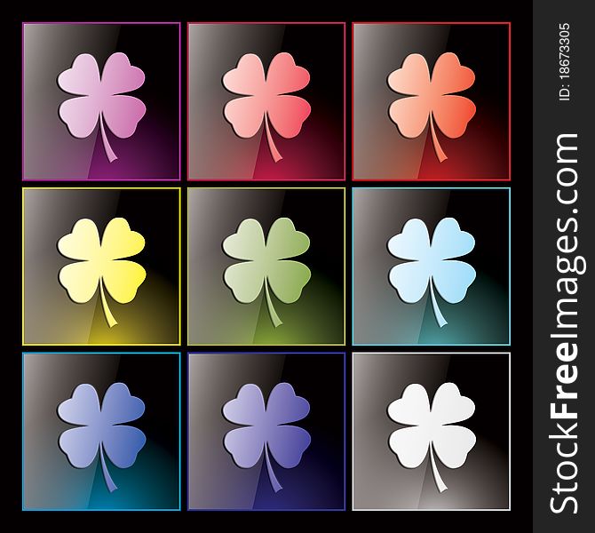 Buttons with lucky clover in nine different colors. Buttons with lucky clover in nine different colors