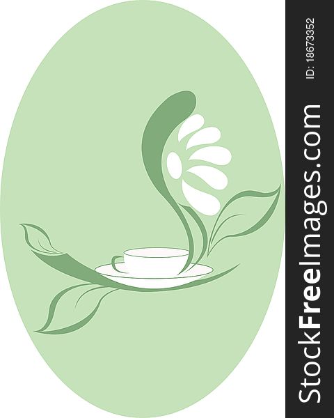 Cup expecting with green leaves and white flower on a pale green background. Cup expecting with green leaves and white flower on a pale green background