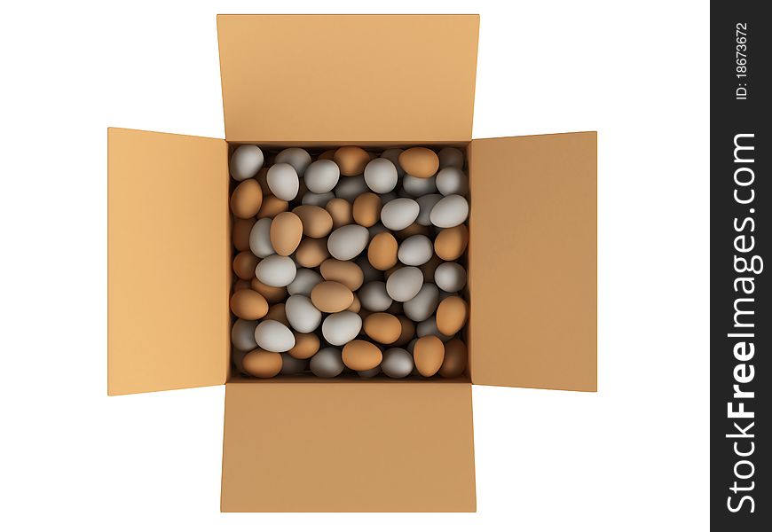 Top view on a box with eggs, isolated on a white background