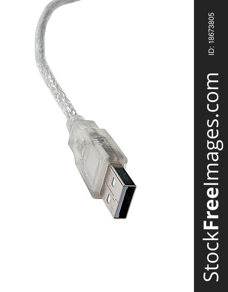 Isolated silver USB plug with silver cord. Isolated silver USB plug with silver cord