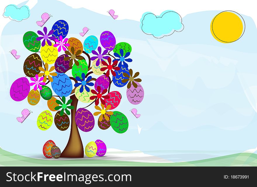 Illustration Easter with spring tree, decorated eggs and butterflies, vector. Illustration Easter with spring tree, decorated eggs and butterflies, vector