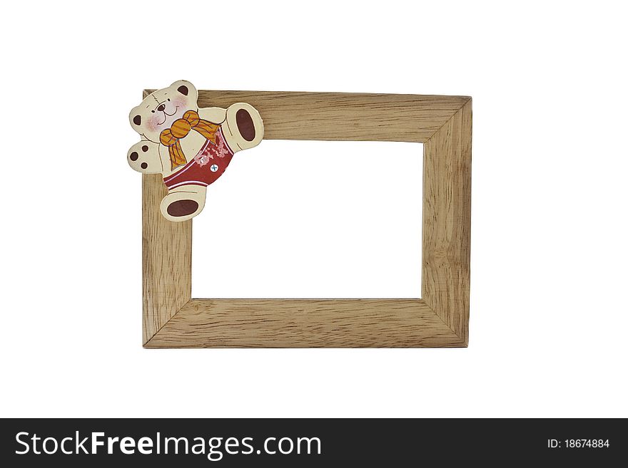 Frame is made of wood has a bear. Frame is made of wood has a bear