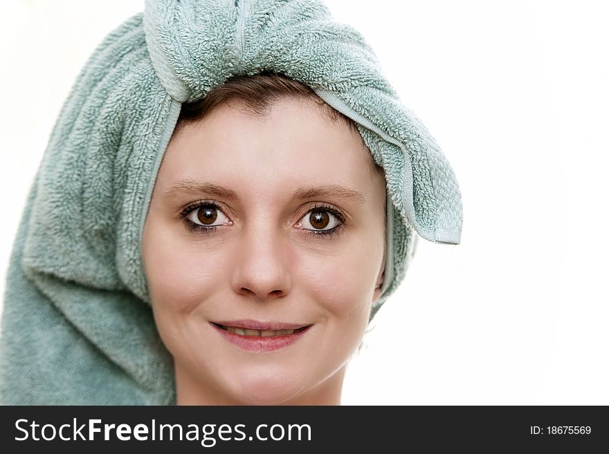 Woman with a towel on head