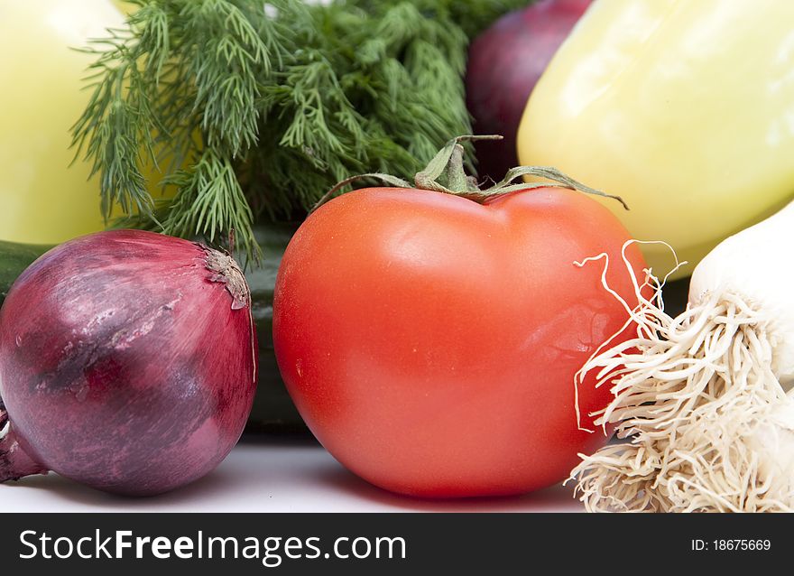 Raw vegetables with tomato, onion, cucumber, pepper and dill