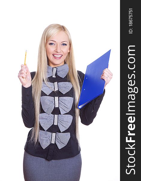 Positive business woman with pencil and folder smiling over white background