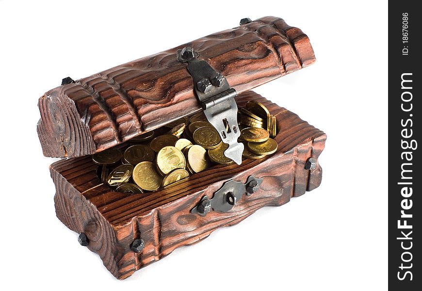 Chest filled by coins and money. Chest filled by coins and money