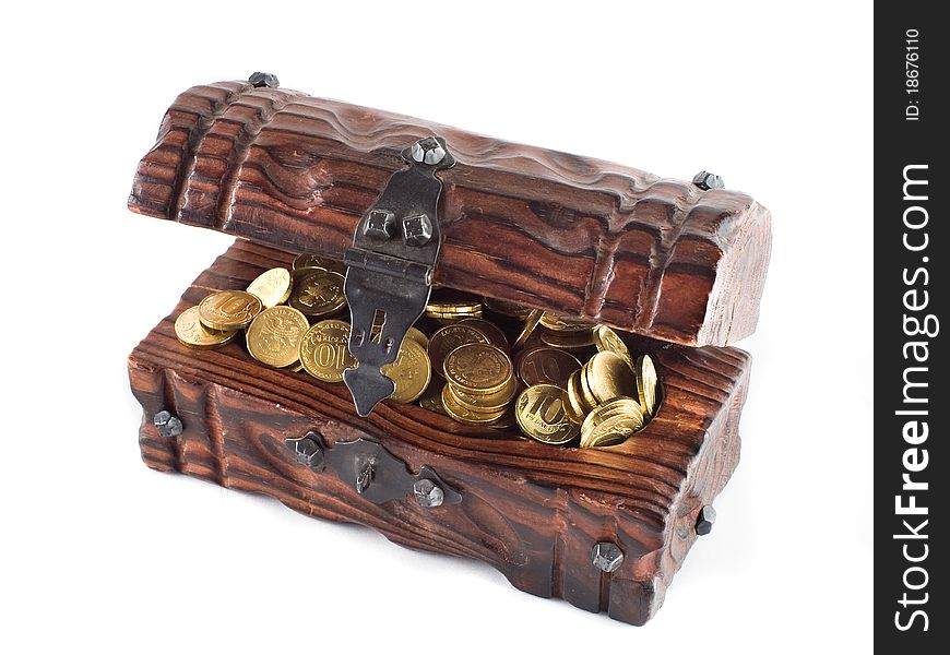 Chest filled by coins and money. Chest filled by coins and money