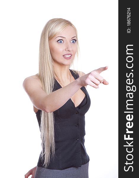 Positive business woman with folder over white background pointing her finger. Positive business woman with folder over white background pointing her finger