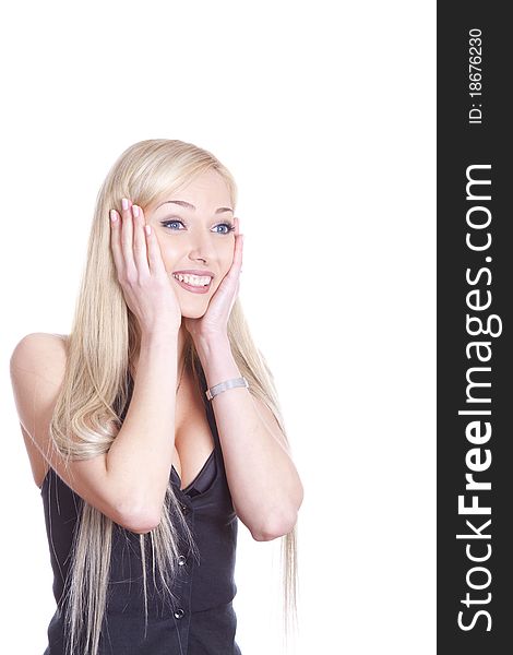 Isolated portrait shot of a beautiful caucasian woman. Holding her face in astonishment. Isolated portrait shot of a beautiful caucasian woman. Holding her face in astonishment