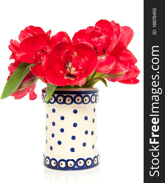 A bouquet of red double tulips in a white blue dotted vase isolated over white. A bouquet of red double tulips in a white blue dotted vase isolated over white