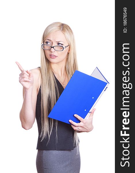 Positive business woman with folder over white background pointing her finger. Positive business woman with folder over white background pointing her finger