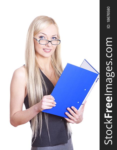 Positive business woman with folder smiling over white background