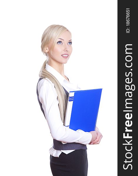 Positive business woman with folder smiling over white background