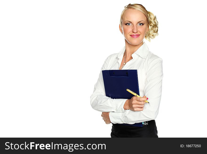 Ive young businesswoman smiling with a folder on his chest isolated on a white background. Ive young businesswoman smiling with a folder on his chest isolated on a white background