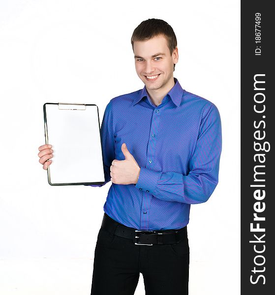 Young man in a purple shirt with a tablet for notes