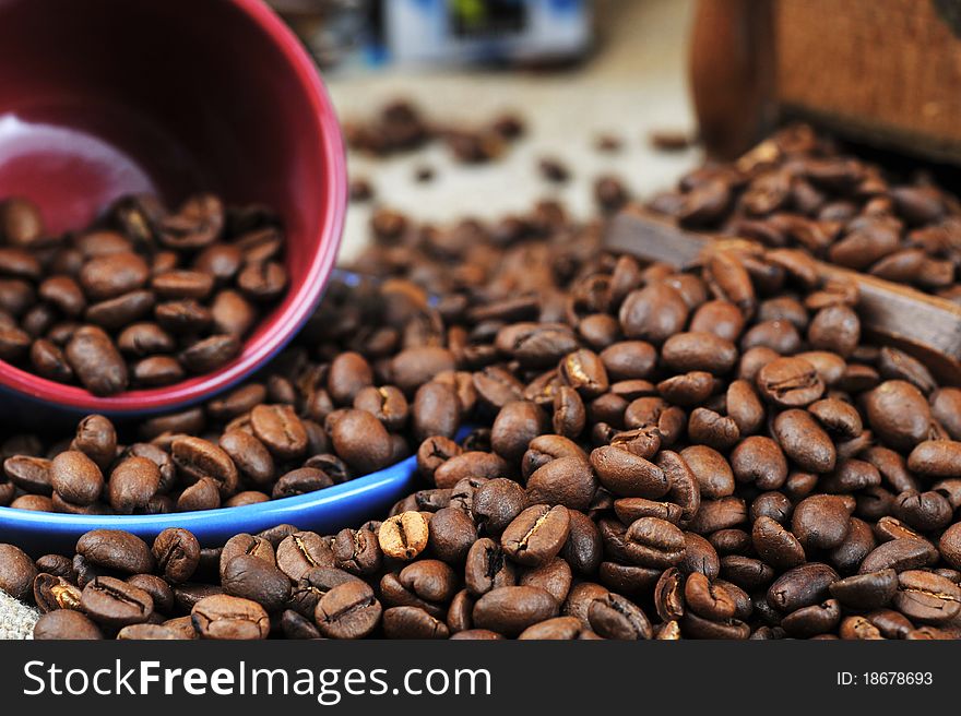 Roasted coffee beans  close up, background