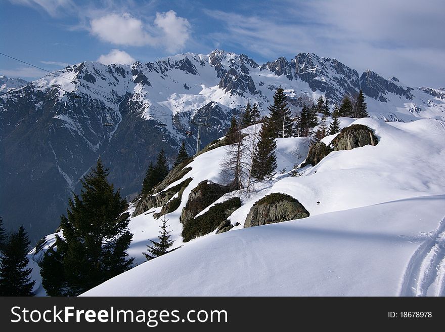 Ski lift over winter mountains, Alpe d'Huez, France. Ski lift over winter mountains, Alpe d'Huez, France