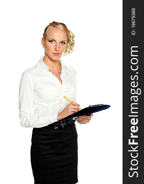 Young Businesswoman lost in thought over the signing of the document. Isolated on a white background. Young Businesswoman lost in thought over the signing of the document. Isolated on a white background