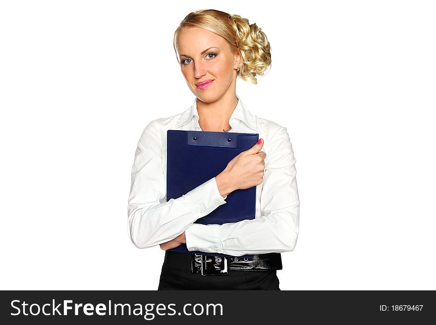 Ive young businesswoman smiling with a folder on his chest isolated on a white background. Ive young businesswoman smiling with a folder on his chest isolated on a white background