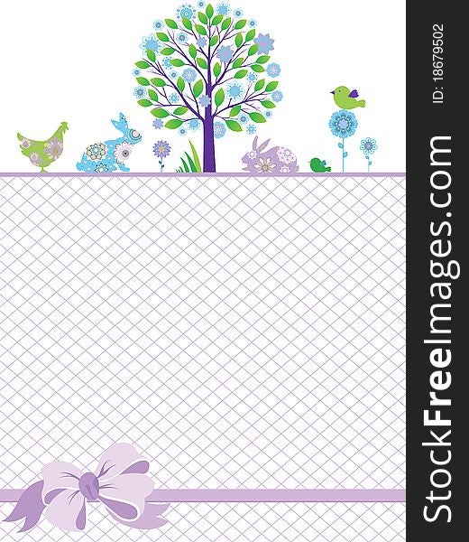 Easter illustration with floral elements and rabbits. All elements and textures are individual objects. Vector illustration scale to any size.