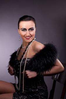 Proud Woman Smile In Fur Boa With Pearl Beads Royalty Free Stock Photography Proud Woman Smile In Fur Boa With Pearl Beads Royalty Free Stock Photography