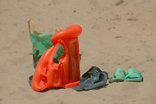 Beach Set. Sandals, Bag, Inflatable Jacket. Royalty Free Stock Image