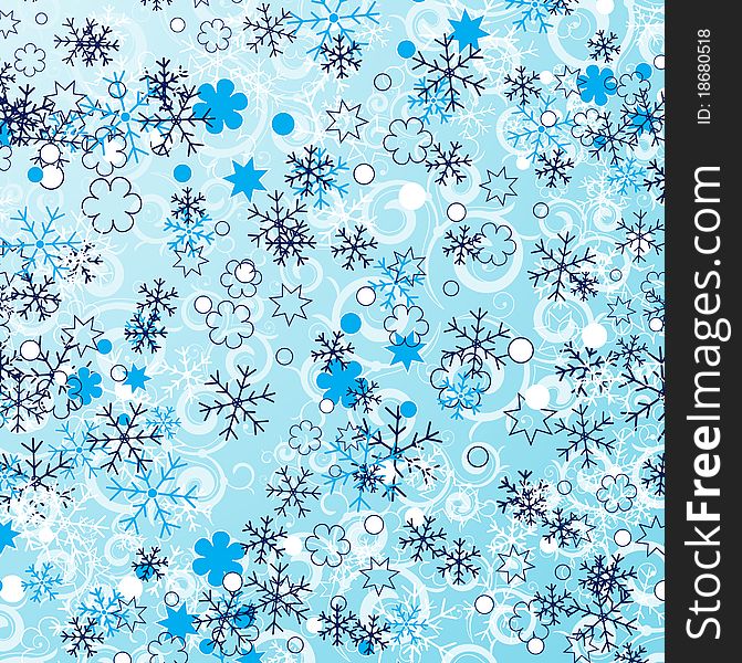 Blue snowflakes background with curly elements