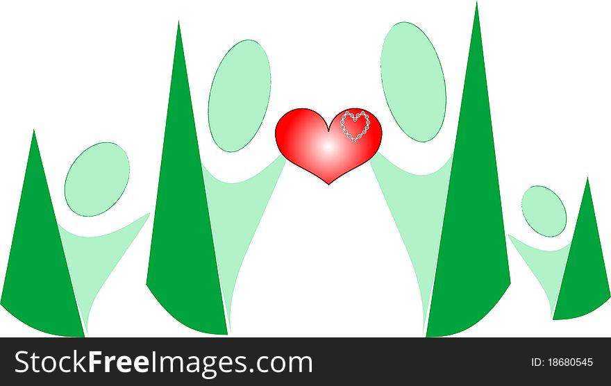 Cartoon people happy family hold love heart in hands