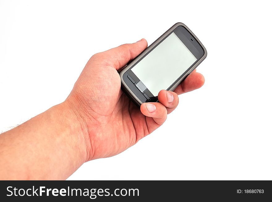 Touchscreen mobile phone in hand on white background