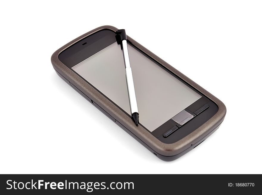 Touchscreen mobile phone on white background