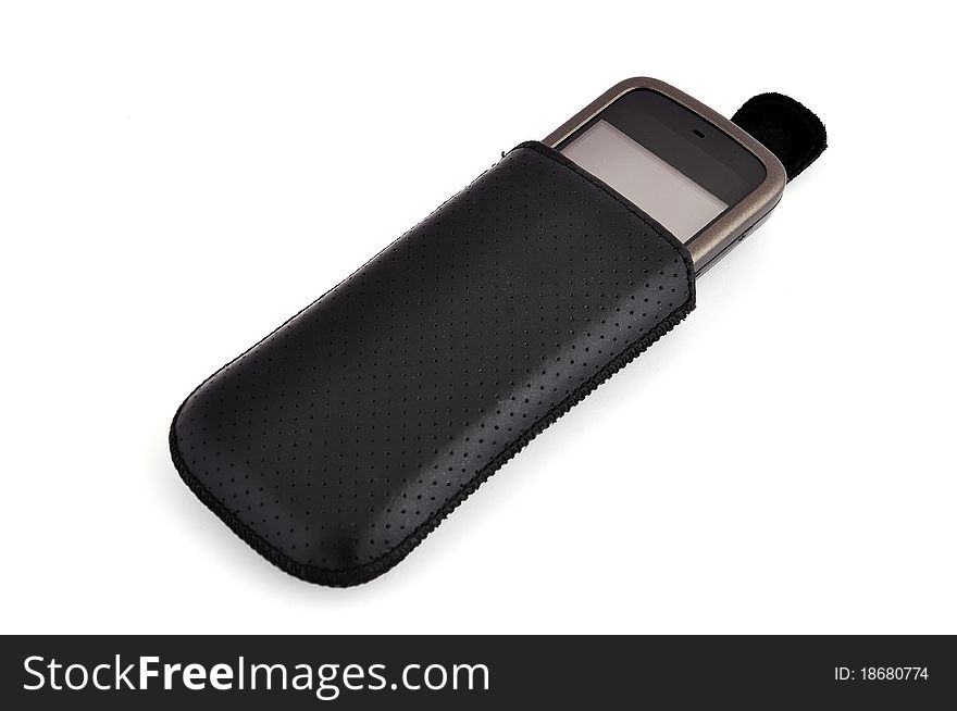 Touchscreen mobile phone and cover on white background