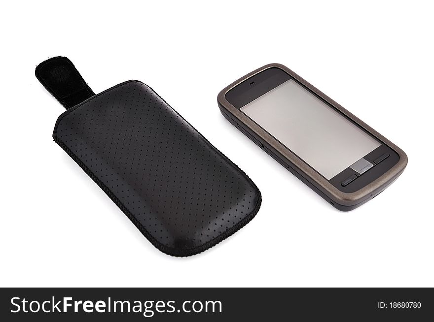 Touchscreen mobile phone and cover on white background