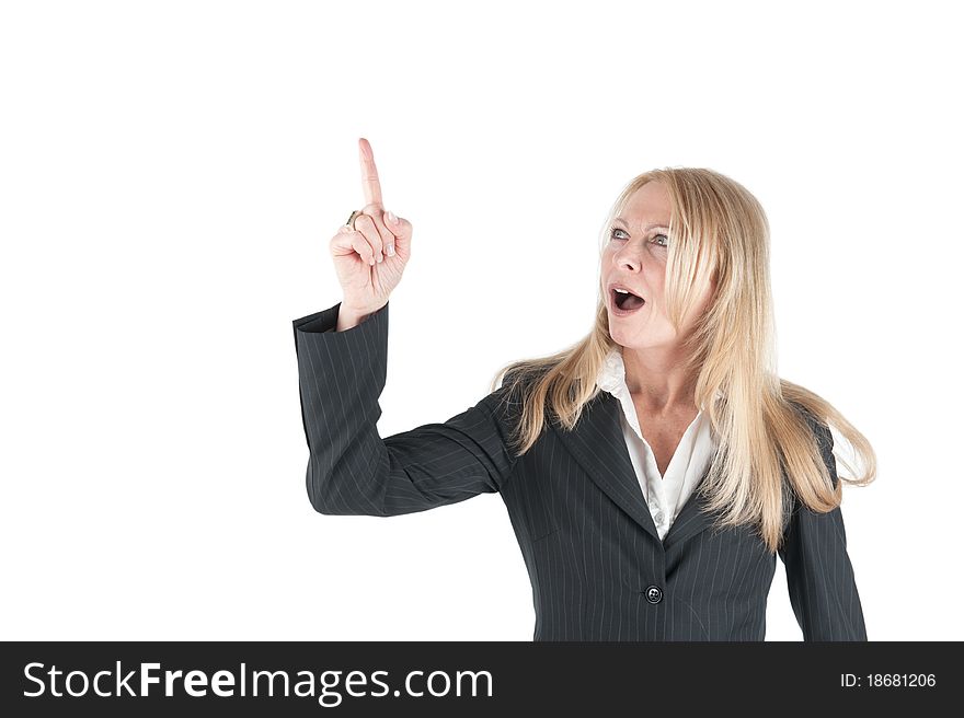 Middle Aged Business Woman Pointing Upwards