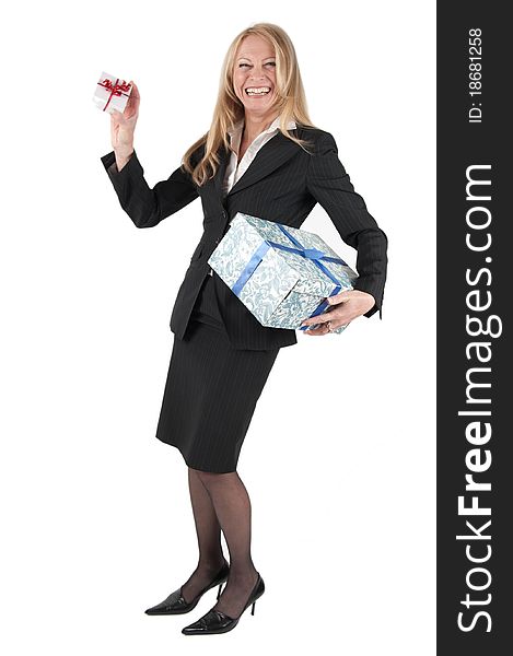 Middle aged woman with two parcels on white background