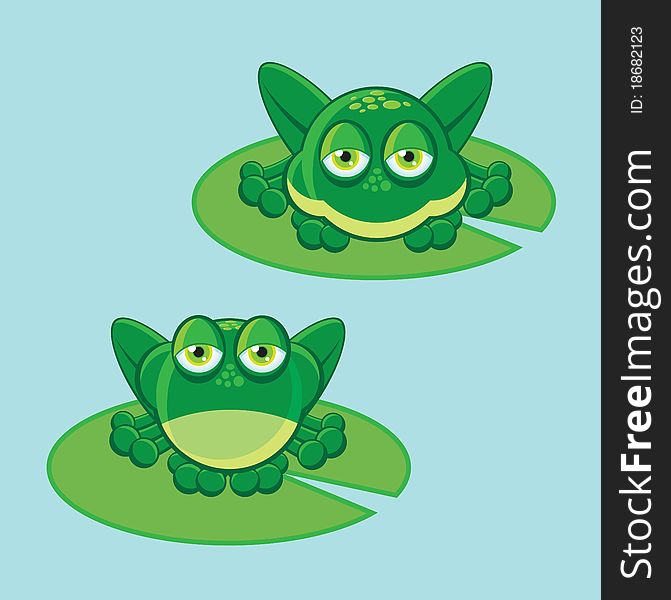 Two green frogs on a leaf on a blue background. Two green frogs on a leaf on a blue background