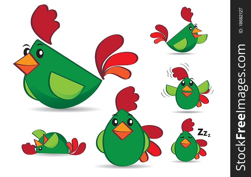 Set of green chicken in diferent poses anactions