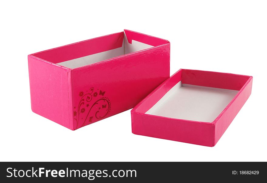 Closeup of pink gift jewelry box over white surface. Closeup of pink gift jewelry box over white surface