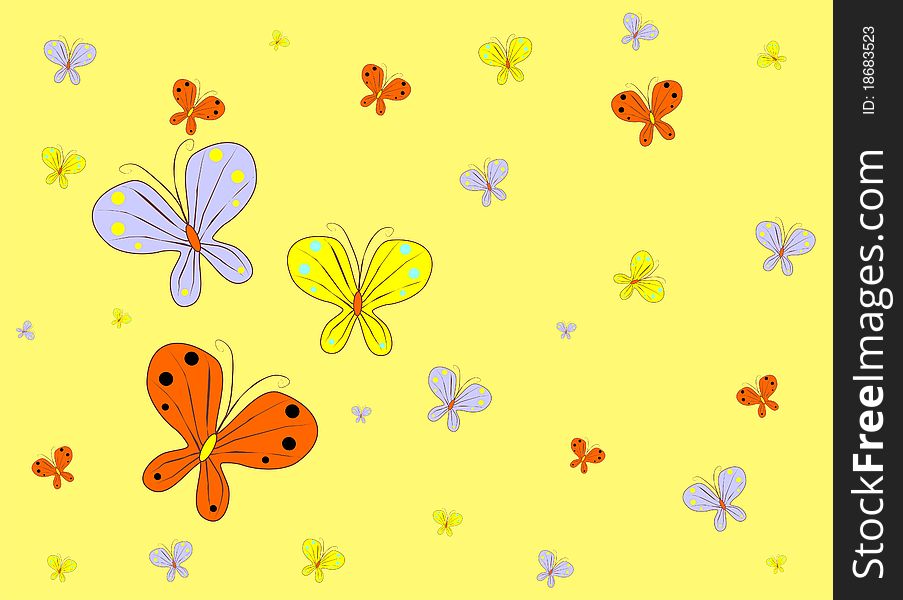 Drawn yellow background with flying butterfly. Vector. Drawn yellow background with flying butterfly. Vector