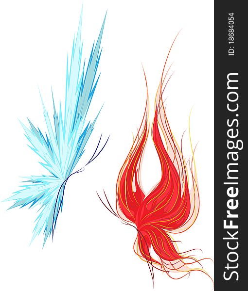 Set of two butterflies: fire and ice. Each butterfly is on independent layer. No gradients used, EPS8.