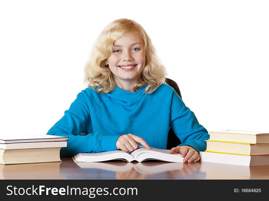 Happy smiling school girl reading books